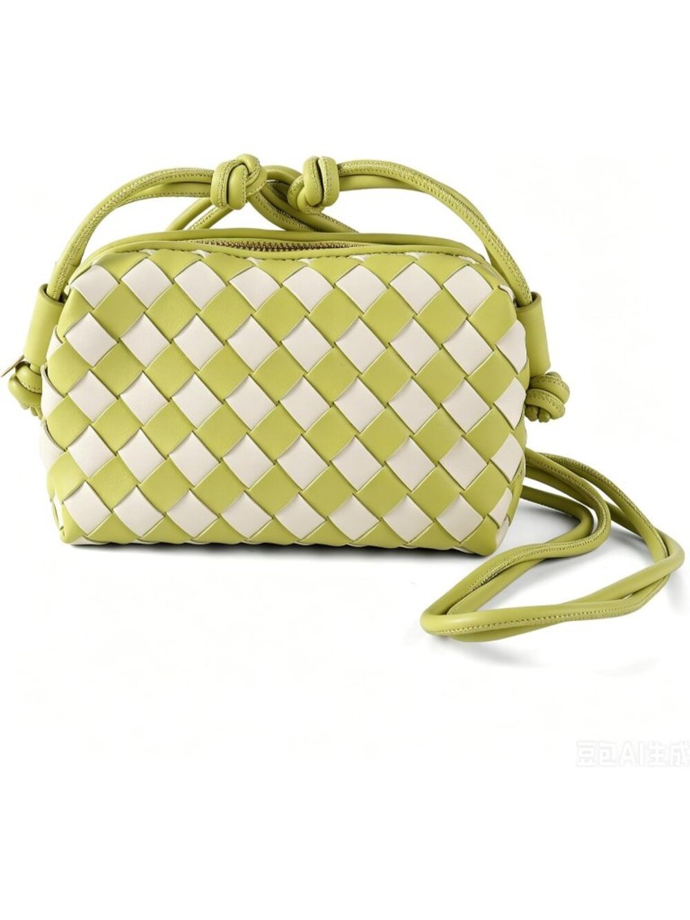 Women's Green White Woven Leather Adjustable Strap Evening Crossbody Bag